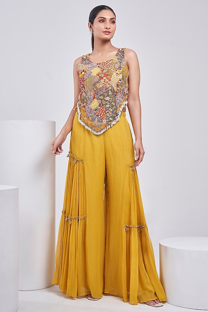 Yellow Silk & Georgette Wedding Sharara Set by Ojasvini at Pernia's Pop Up Shop