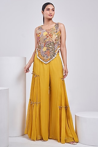 Yellow Silk & Georgette Sharara Set by Ojasvini