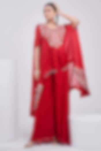 Red Organza Hand Embroidered Asymmetrical Cape Set by Ojasvini at Pernia's Pop Up Shop
