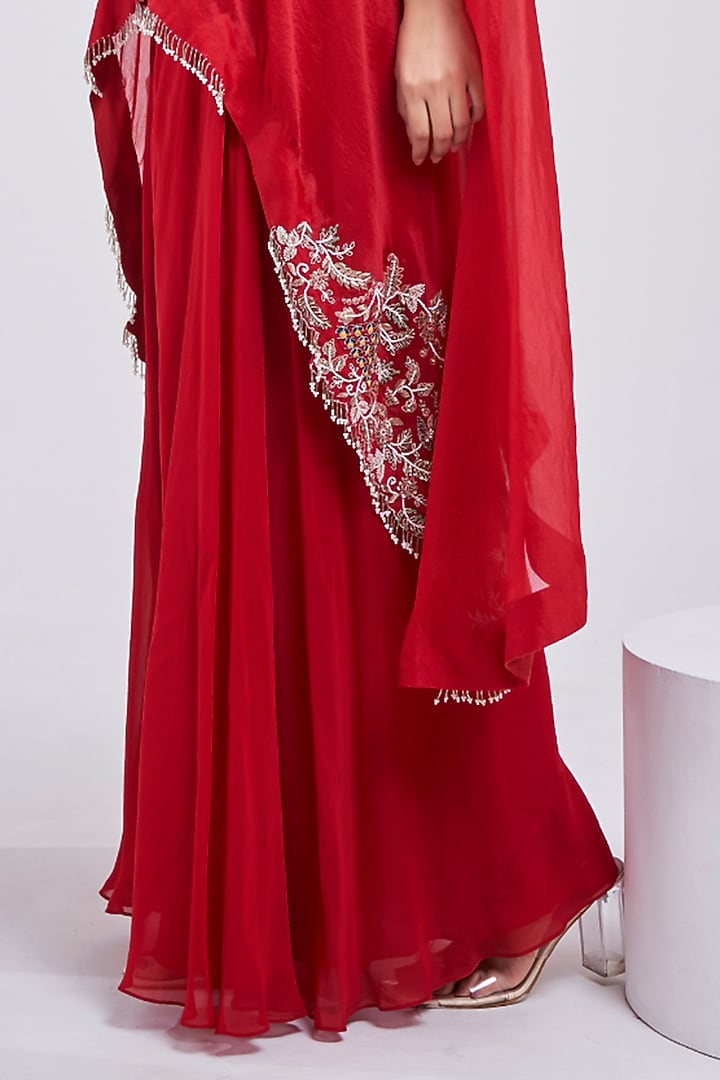Red Organza Hand Embroidered Asymmetrical Cape Set by Ojasvini at Pernia's Pop Up Shop