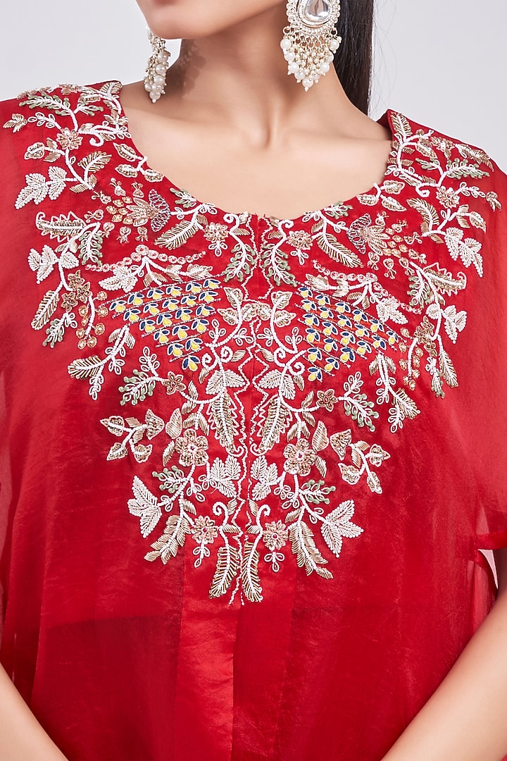 Red Organza Hand Embroidered Asymmetrical Cape Set by Ojasvini at Pernia's Pop Up Shop