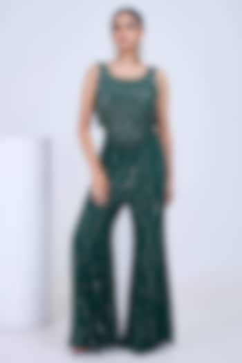 Green Silk & Georgette Wedding Sharara Set by Ojasvini at Pernia's Pop Up Shop