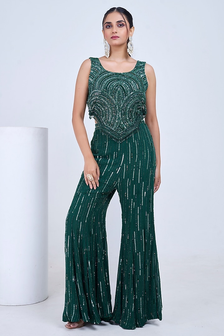 Green Silk & Georgette Wedding Sharara Set by Ojasvini at Pernia's Pop Up Shop