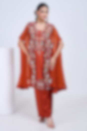 Rust-Orange Silk Chanderi Embroidered Cape Set by Ojasvini at Pernia's Pop Up Shop