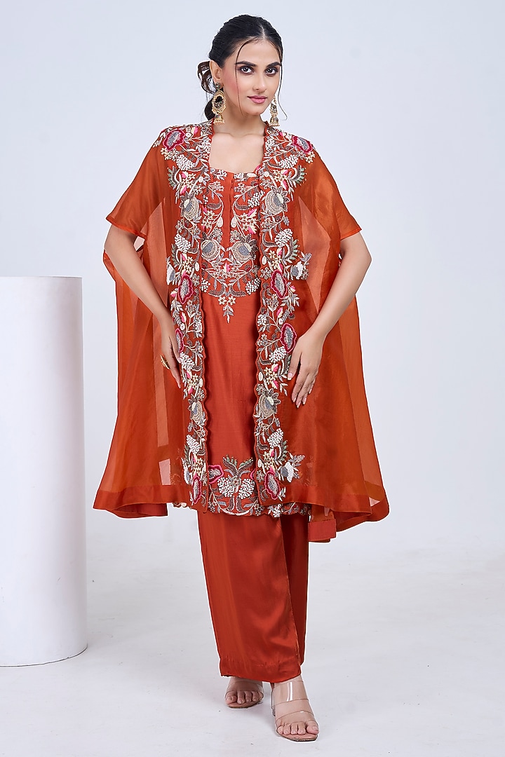 Rust-Orange Silk Chanderi Embroidered Cape Set by Ojasvini at Pernia's Pop Up Shop