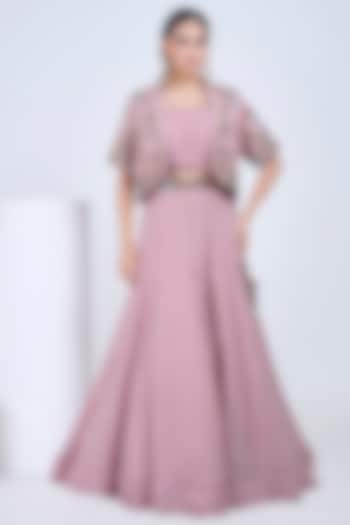 Mauve Silk & Georgette Embroidered Jacket Wedding Lehenga Set by Ojasvini at Pernia's Pop Up Shop