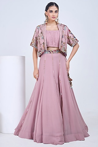 Mauve Silk & Georgette Embroidered Jacket Lehenga Set by Ojasvini