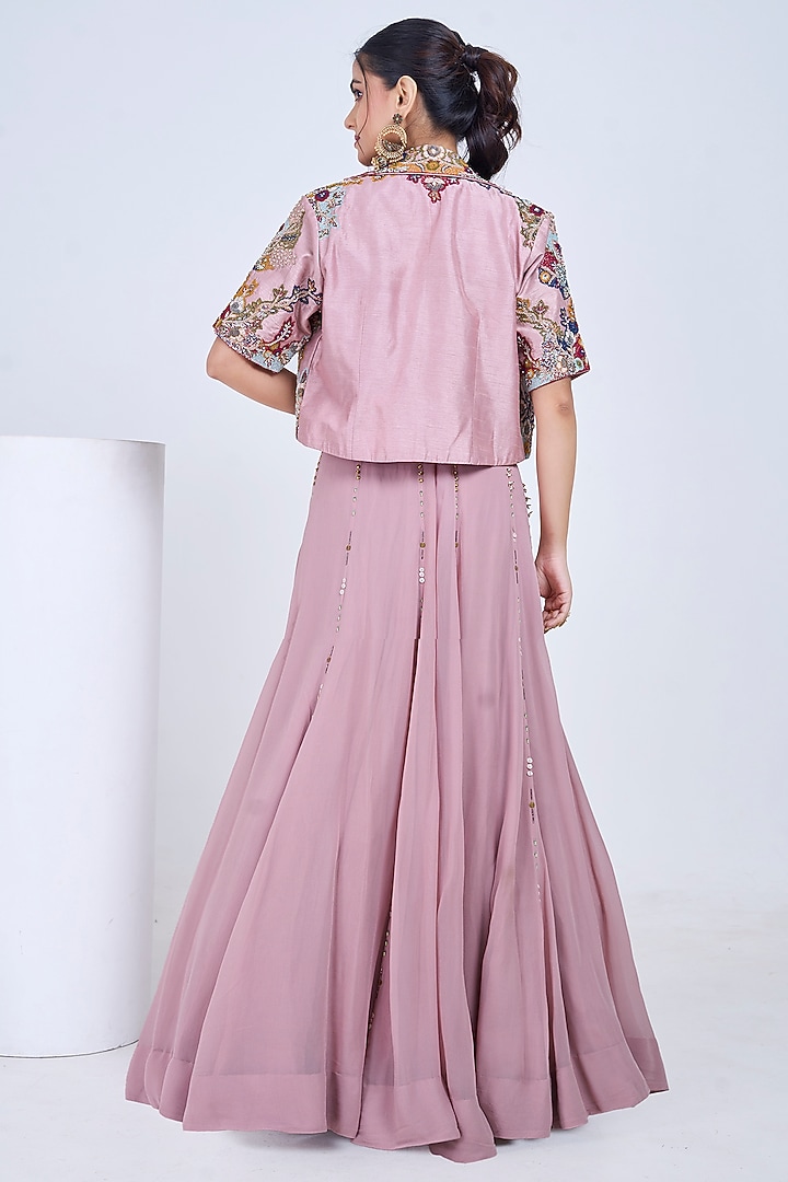 Mauve Silk & Georgette Embroidered Jacket Wedding Lehenga Set by Ojasvini at Pernia's Pop Up Shop