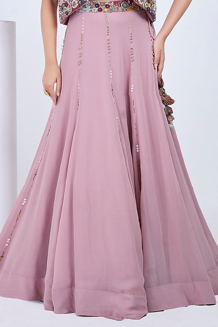 Mauve Silk & Georgette Embroidered Jacket Wedding Lehenga Set by Ojasvini at Pernia's Pop Up Shop