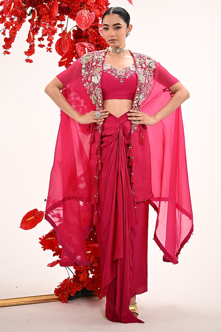 Hot Pink Satin Silk & Organza Hand Embroidered Cape Set by Ojasvini at Pernia's Pop Up Shop