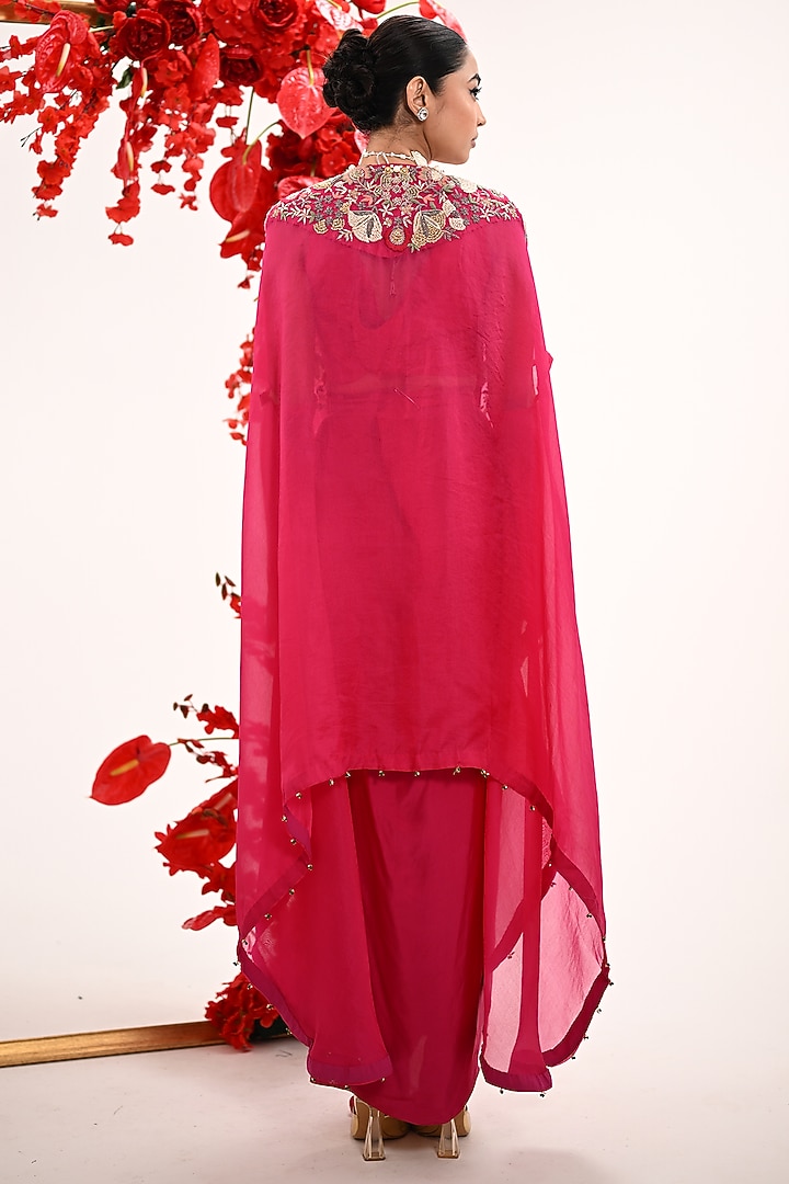 Hot Pink Satin Silk & Organza Hand Embroidered Cape Set by Ojasvini at Pernia's Pop Up Shop