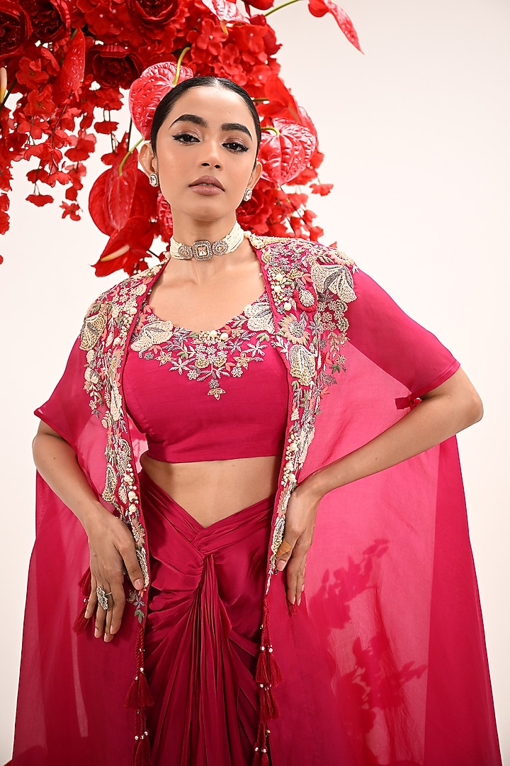 Hot Pink Satin Silk & Organza Hand Embroidered Cape Set by Ojasvini at Pernia's Pop Up Shop