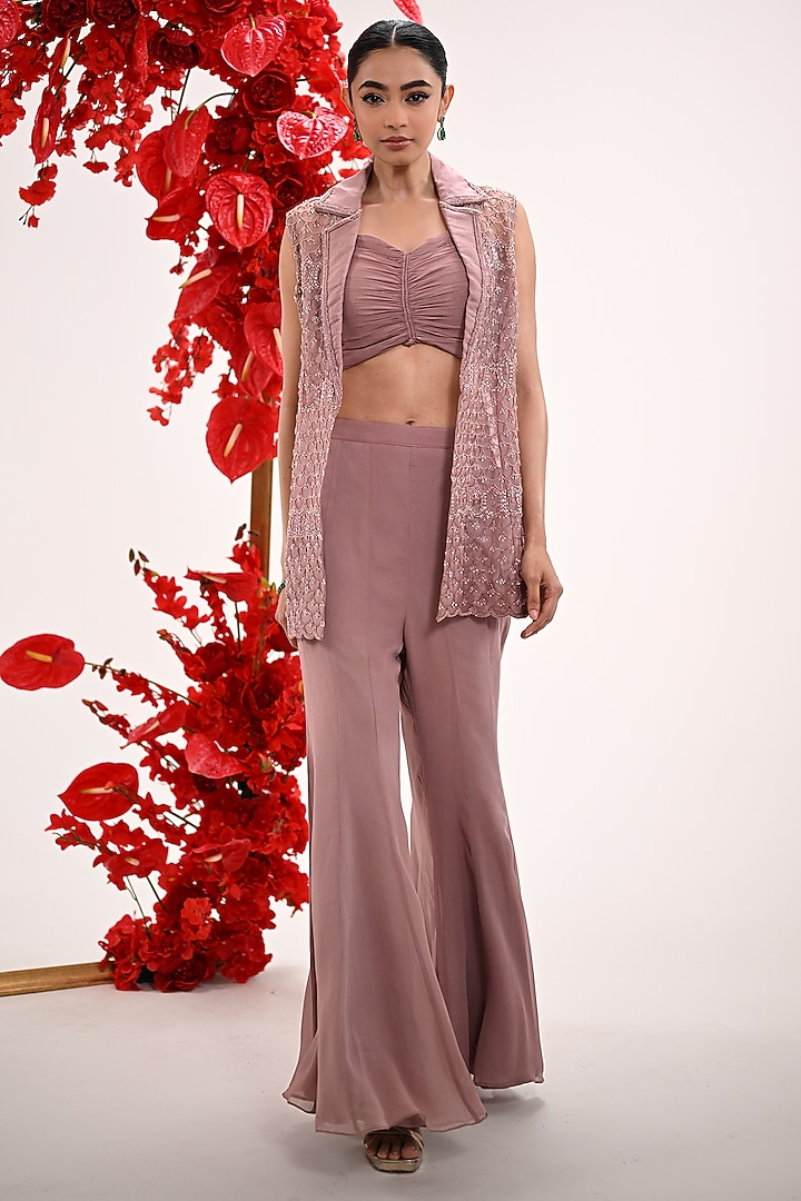 Champagne Organza & Georgette Hand Embroidered Jacket Set by Ojasvini at Pernia's Pop Up Shop