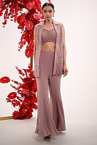 Champagne Organza & Georgette Hand Embroidered Jacket Set by Ojasvini