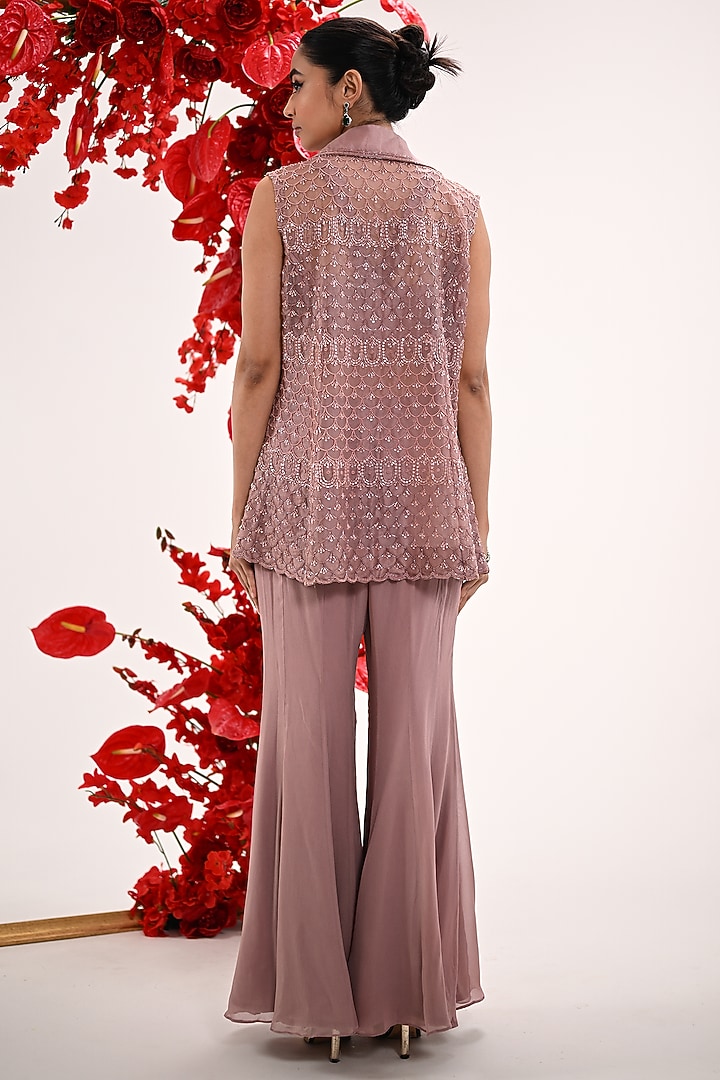 Champagne Organza & Georgette Hand Embroidered Jacket Set by Ojasvini at Pernia's Pop Up Shop