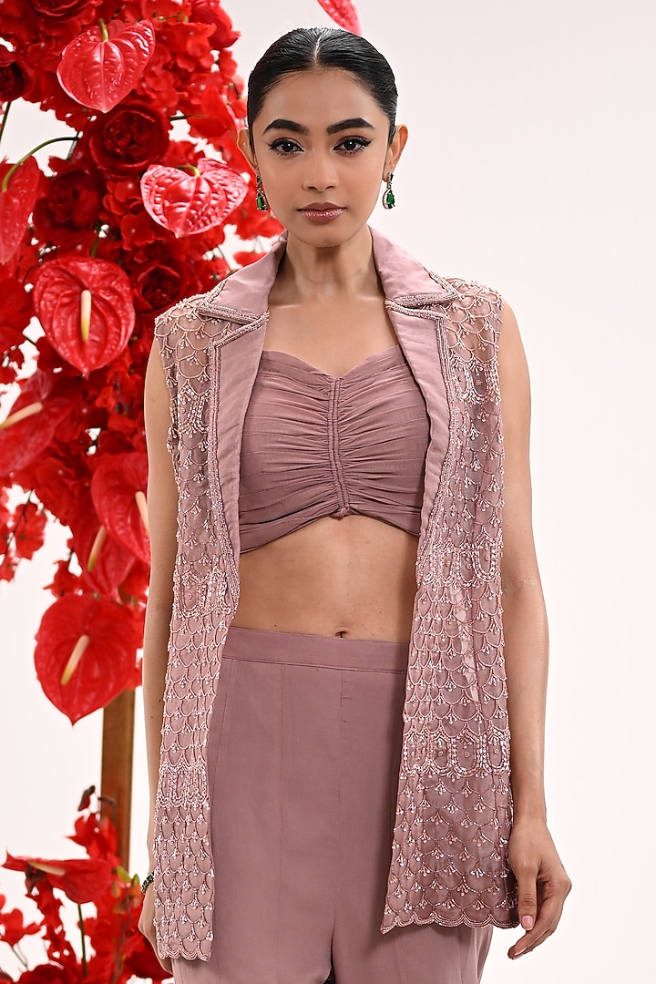 Champagne Organza & Georgette Hand Embroidered Jacket Set by Ojasvini at Pernia's Pop Up Shop