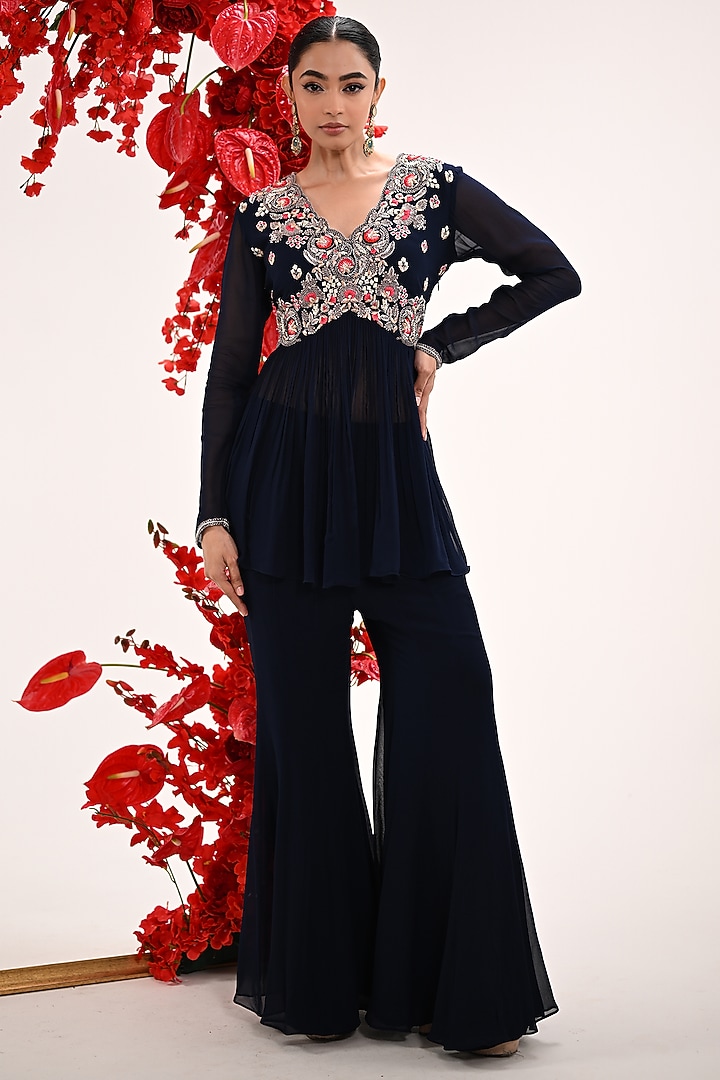 Navy Blue Georgette Hand Embroidered Wedding Sharara Set by Ojasvini at Pernia's Pop Up Shop