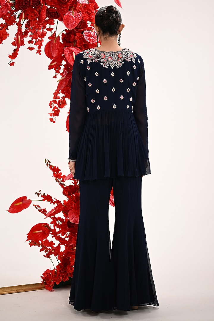 Navy Blue Georgette Hand Embroidered Wedding Sharara Set by Ojasvini at Pernia's Pop Up Shop