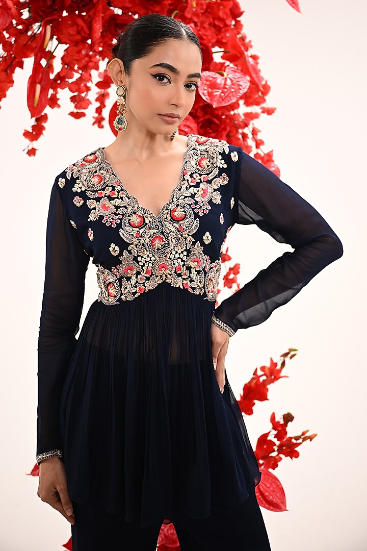 Navy Blue Georgette Hand Embroidered Wedding Sharara Set by Ojasvini at Pernia's Pop Up Shop