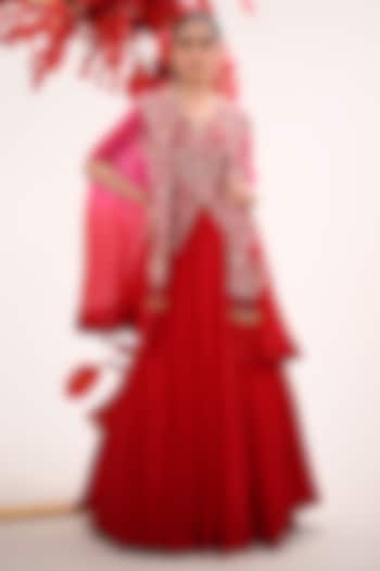 Red Silk & Satin Organza Hand Embroidered Jacket Wedding Lehenga Set by Ojasvini at Pernia's Pop Up Shop
