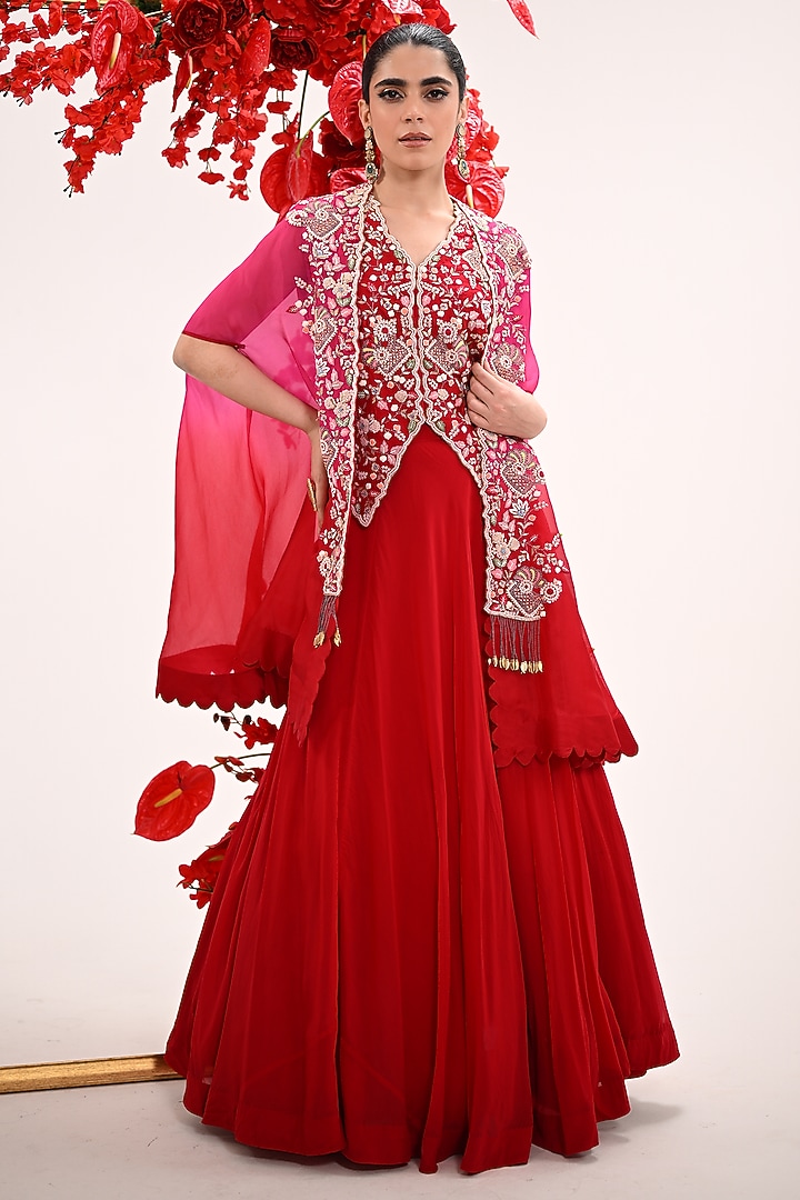 Red Silk & Satin Organza Hand Embroidered Jacket Wedding Lehenga Set by Ojasvini at Pernia's Pop Up Shop