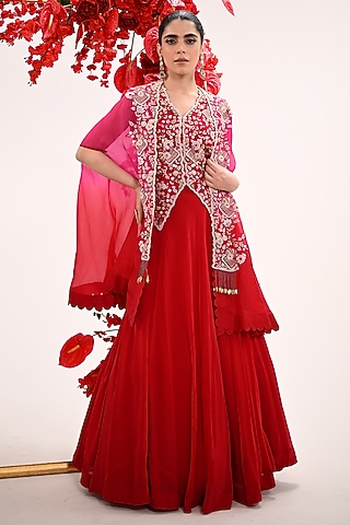 Red Silk & Satin Organza Hand Embroidered Jacket Lehenga Set by Ojasvini