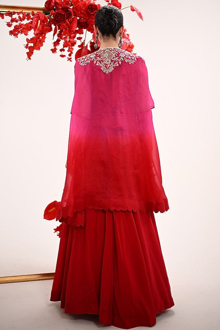 Red Silk & Satin Organza Hand Embroidered Jacket Wedding Lehenga Set by Ojasvini at Pernia's Pop Up Shop
