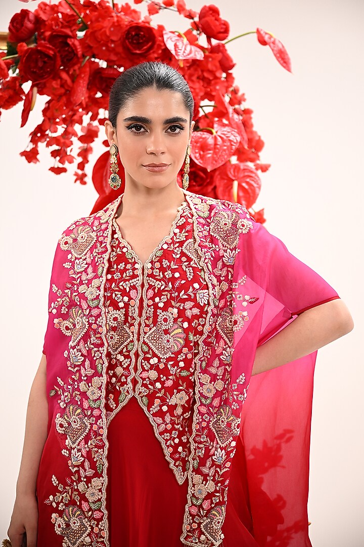 Red Silk & Satin Organza Hand Embroidered Jacket Wedding Lehenga Set by Ojasvini at Pernia's Pop Up Shop
