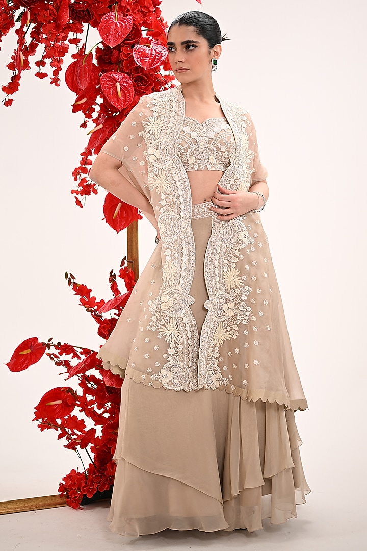 Taupe Satin Organza & Organza Hand Embroidered Jacket Wedding Lehenga Set by Ojasvini at Pernia's Pop Up Shop