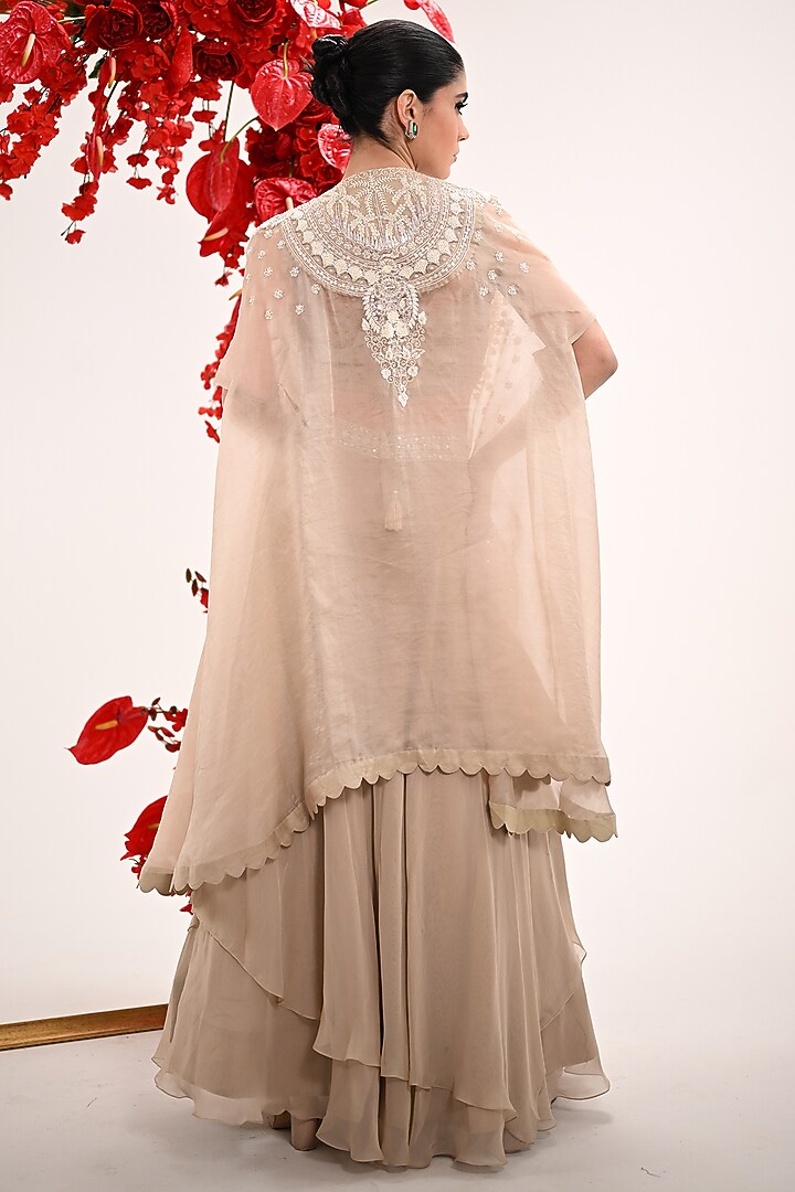 Taupe Satin Organza & Organza Hand Embroidered Jacket Wedding Lehenga Set by Ojasvini at Pernia's Pop Up Shop
