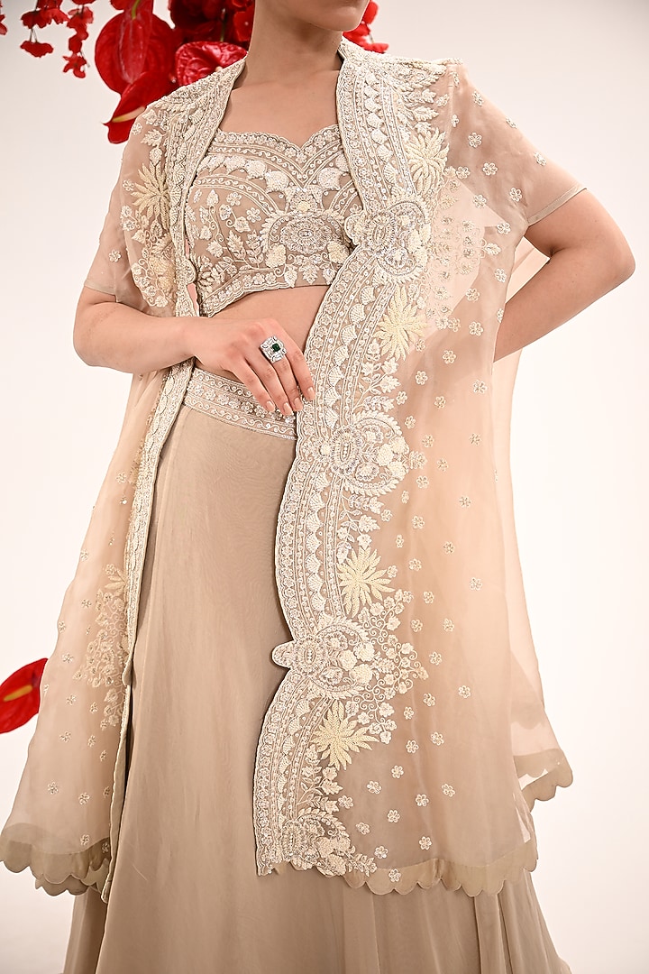 Taupe Satin Organza & Organza Hand Embroidered Jacket Wedding Lehenga Set by Ojasvini at Pernia's Pop Up Shop