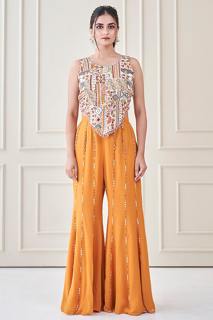 Burnt Orange Silk & Georgette Hand Embroidered Co-Ord Set by Ojasvini at Pernia's Pop Up Shop