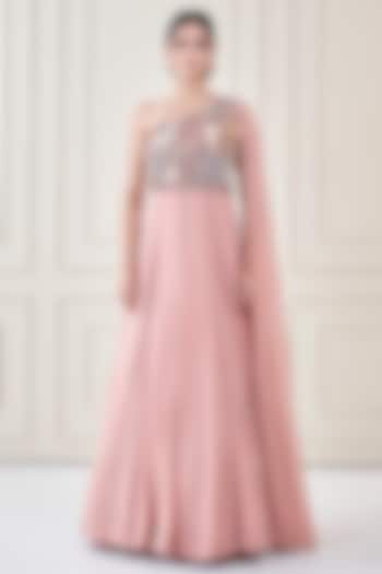 Blush Pink Silk & Georgette Hand Embroidered Engagement Gown by Ojasvini at Pernia's Pop Up Shop