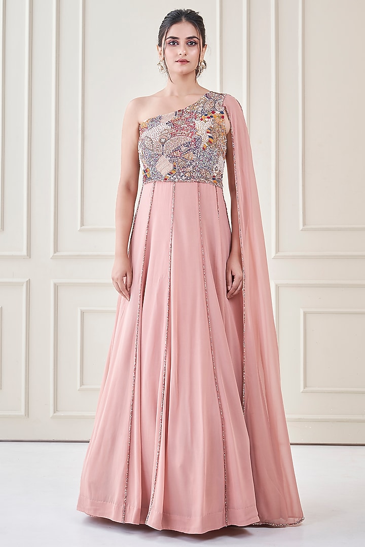 Blush Pink Silk & Georgette Hand Embroidered Engagement Gown by Ojasvini at Pernia's Pop Up Shop