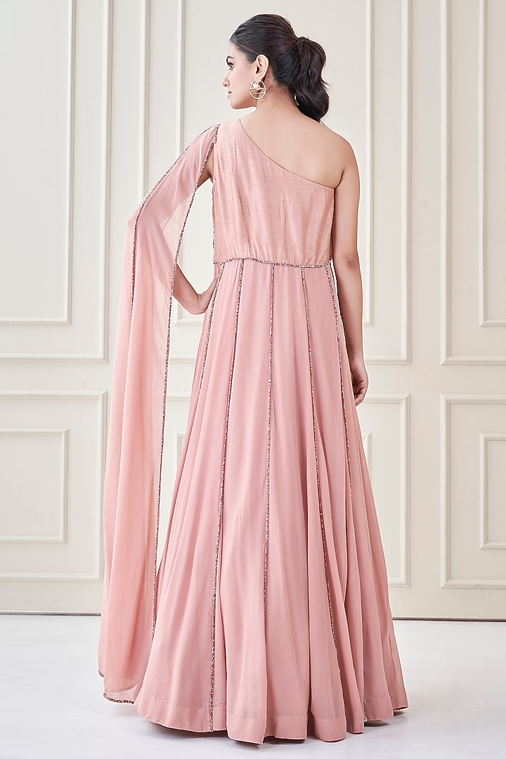Blush Pink Silk & Georgette Hand Embroidered Engagement Gown by Ojasvini at Pernia's Pop Up Shop