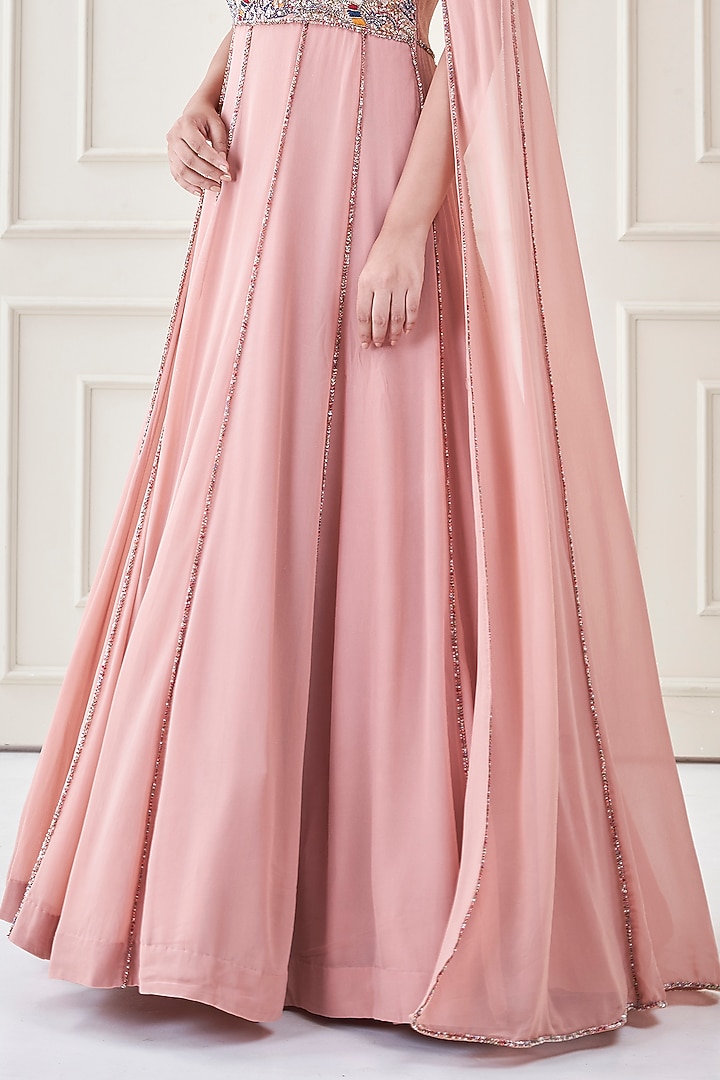 Blush Pink Silk & Georgette Hand Embroidered Engagement Gown by Ojasvini at Pernia's Pop Up Shop