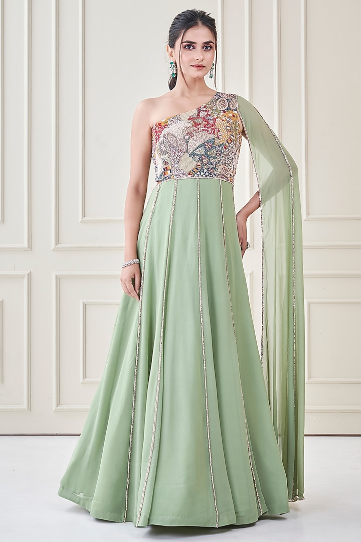 Sage Green Silk & Georgette Hand Embroidered Engagement Gown by Ojasvini at Pernia's Pop Up Shop