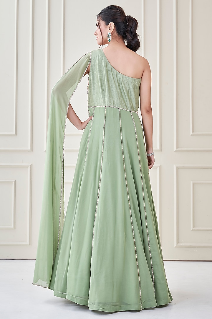 Sage Green Silk & Georgette Hand Embroidered Engagement Gown by Ojasvini at Pernia's Pop Up Shop