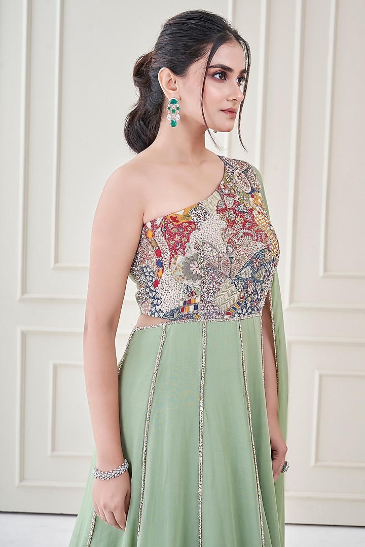 Sage Green Silk & Georgette Hand Embroidered Engagement Gown by Ojasvini at Pernia's Pop Up Shop