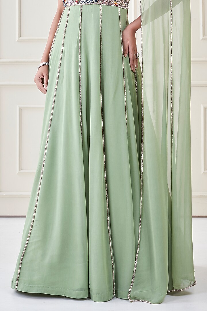 Sage Green Silk & Georgette Hand Embroidered Engagement Gown by Ojasvini at Pernia's Pop Up Shop
