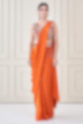 Burnt Orange Silk & Satin Organza Hand Embroidered Wedding Saree Set by Ojasvini at Pernia's Pop Up Shop