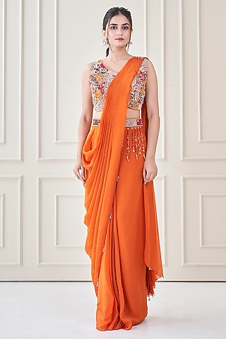 Burnt Orange Silk & Satin Organza Hand Embroidered Saree Set by Ojasvini