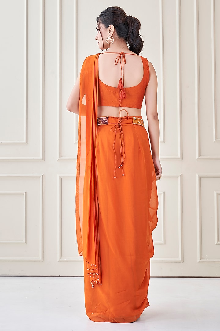 Burnt Orange Silk & Satin Organza Hand Embroidered Wedding Saree Set by Ojasvini at Pernia's Pop Up Shop