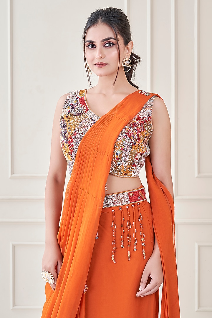 Burnt Orange Silk & Satin Organza Hand Embroidered Wedding Saree Set by Ojasvini at Pernia's Pop Up Shop