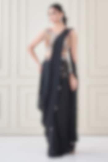 Black Silk & Satin Organza Hand Embroidered Wedding Saree Set by Ojasvini at Pernia's Pop Up Shop
