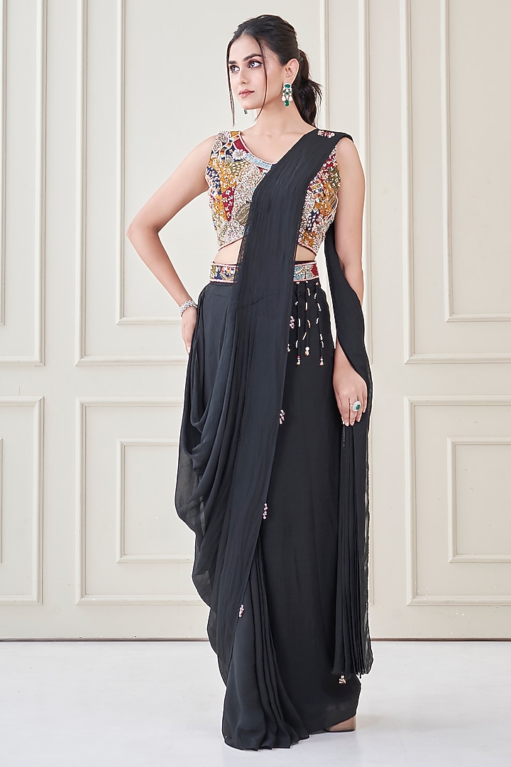 Black Silk & Satin Organza Hand Embroidered Wedding Saree Set by Ojasvini at Pernia's Pop Up Shop