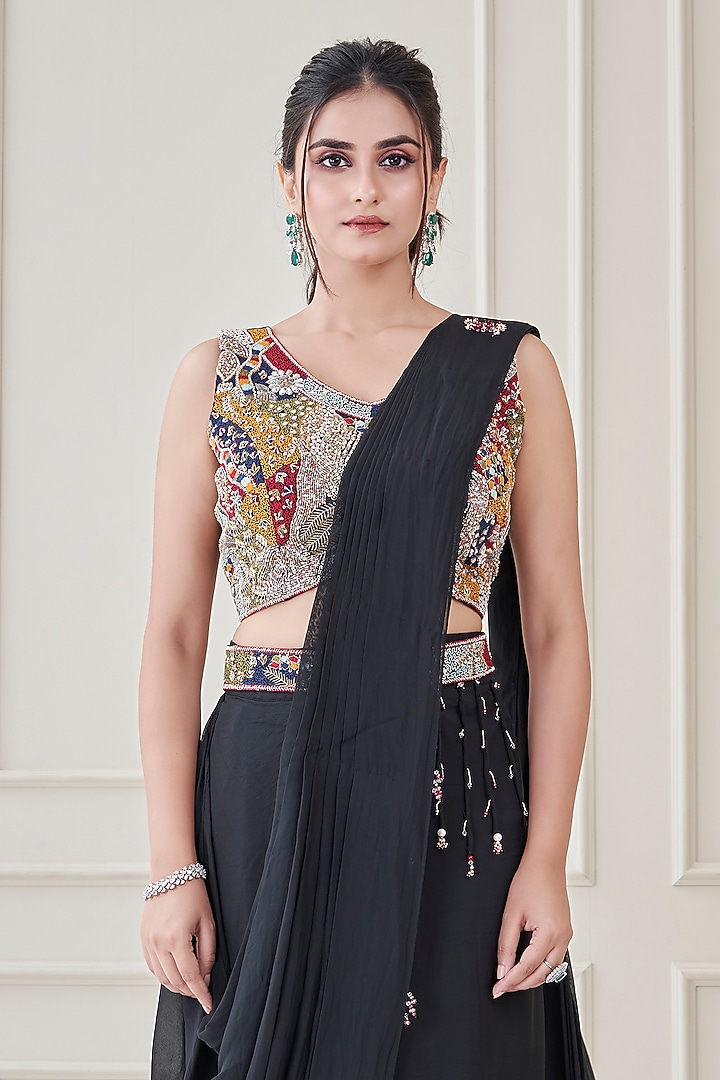 Black Silk & Satin Organza Hand Embroidered Wedding Saree Set by Ojasvini at Pernia's Pop Up Shop