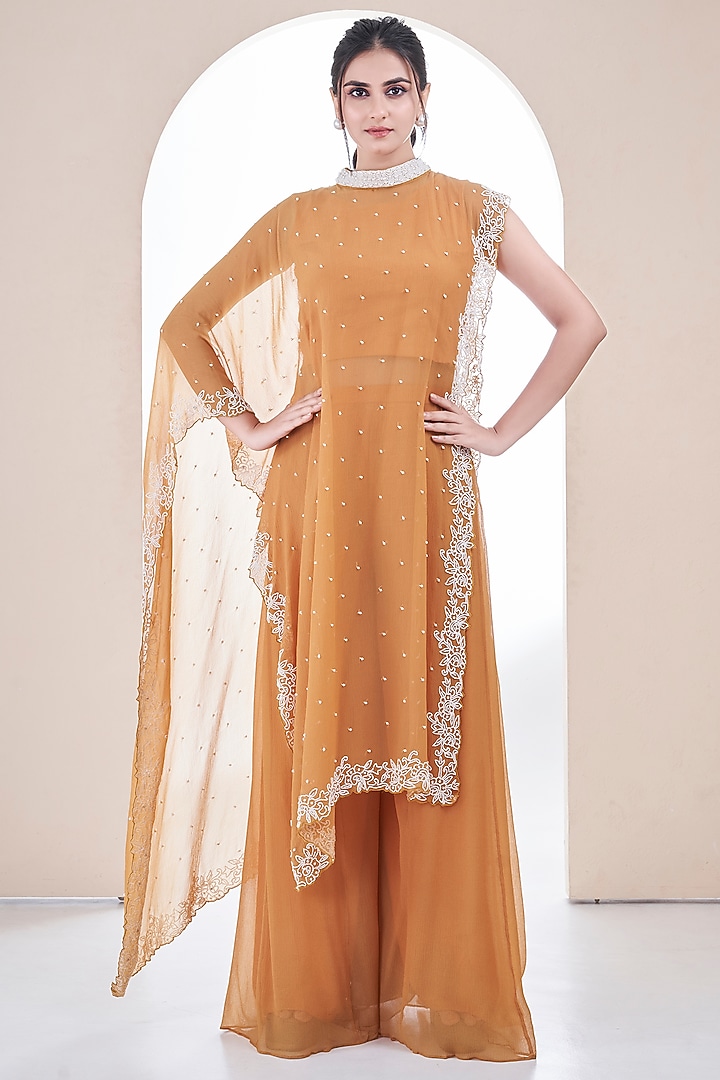 Mustard Yellow Chiffon Pearl Embroidered Cape Set by Ojasvini at Pernia's Pop Up Shop