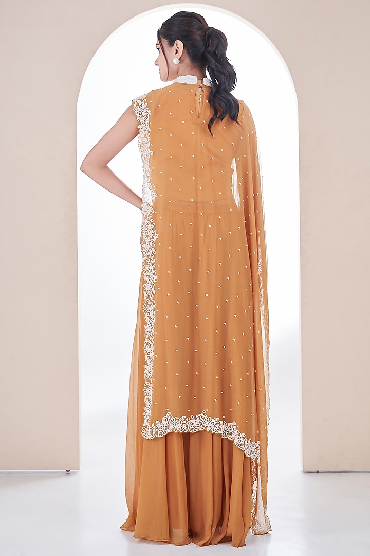Mustard Yellow Chiffon Pearl Embroidered Cape Set by Ojasvini at Pernia's Pop Up Shop