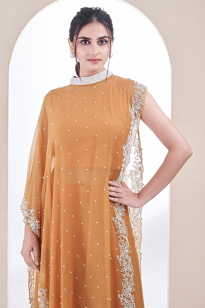 Mustard Yellow Chiffon Pearl Embroidered Cape Set by Ojasvini at Pernia's Pop Up Shop